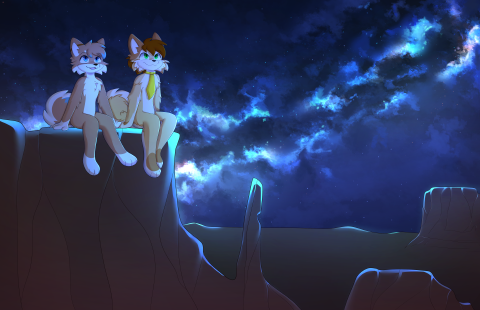 Kyru and Spazzy stargazing on a mesa in a desert